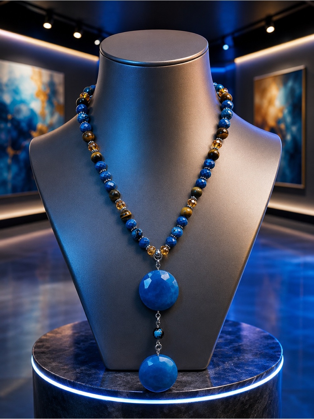 🆕😍😍Blue Beaded Double-Pendant Semi Precious Necklace - Unbranded